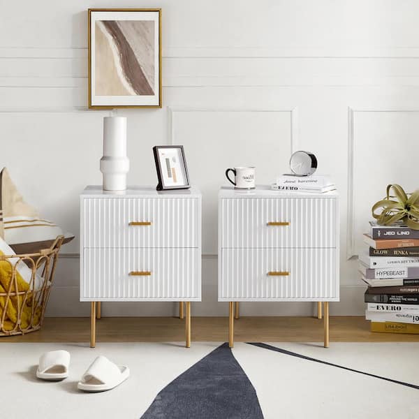 JAYDEN CREATION Hugh White Contemporary Classic 2-Drawer Nightstand with Metal Legs and Charging Station Set of 2
