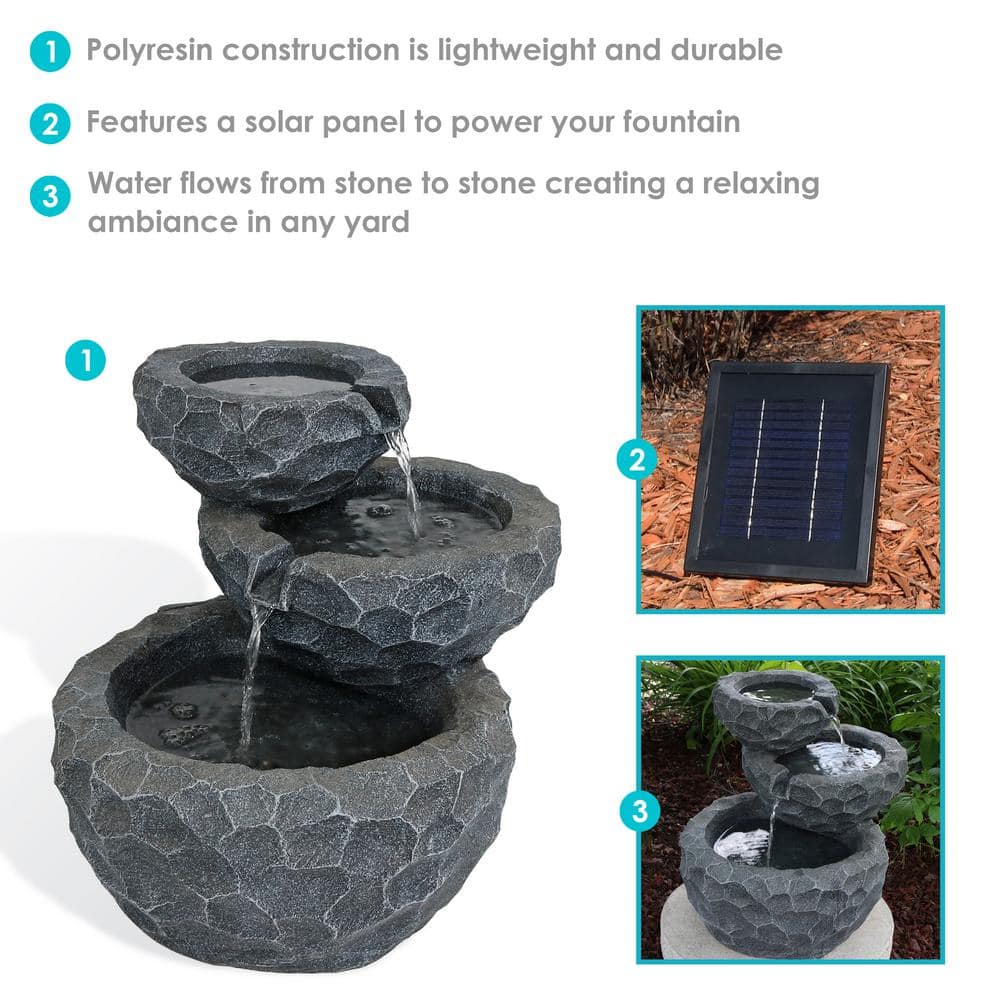 Gray Polyresin 3-Tier Solar Powered Outdoor Fountain