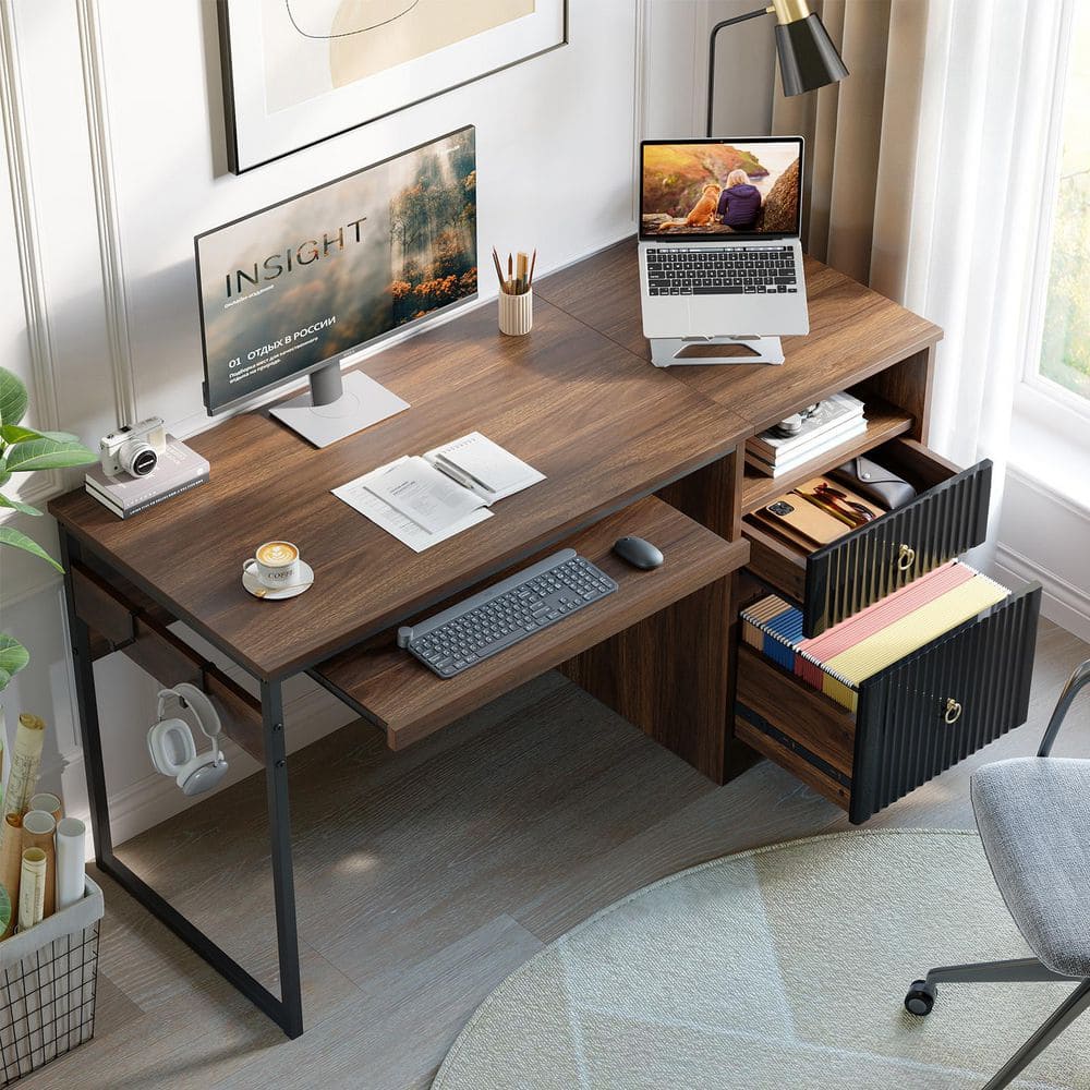 55 in. Walnut Computer Desk with Reversible File Cabinet, Keyboard Tray and Storage Drawers for Home Office