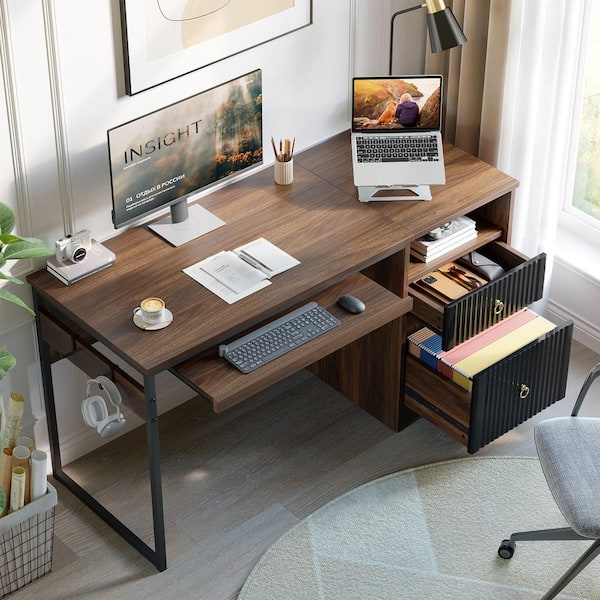 55 in. Walnut Computer Desk with Reversible File Cabinet, Keyboard Tray and Storage Drawers for Home Office