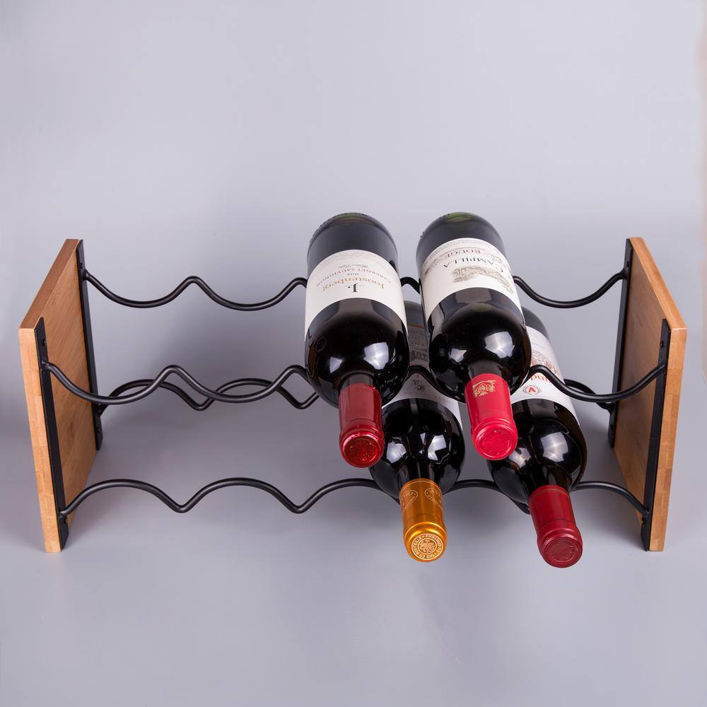 Acacia Wood and Black Steel 6-Bottle Wine Rack