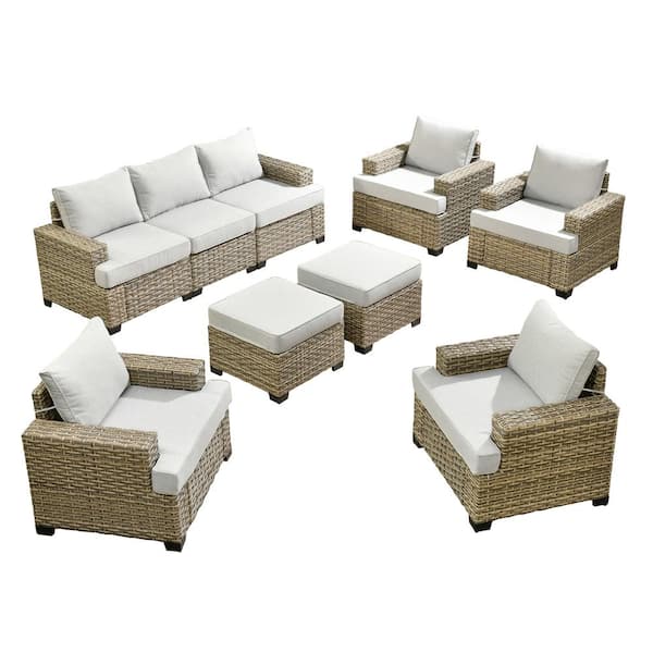 Kelleys 9-Piece Wicker Modern Outdoor Patio Conversation Sofa Seating Set with Light Grey Cushions