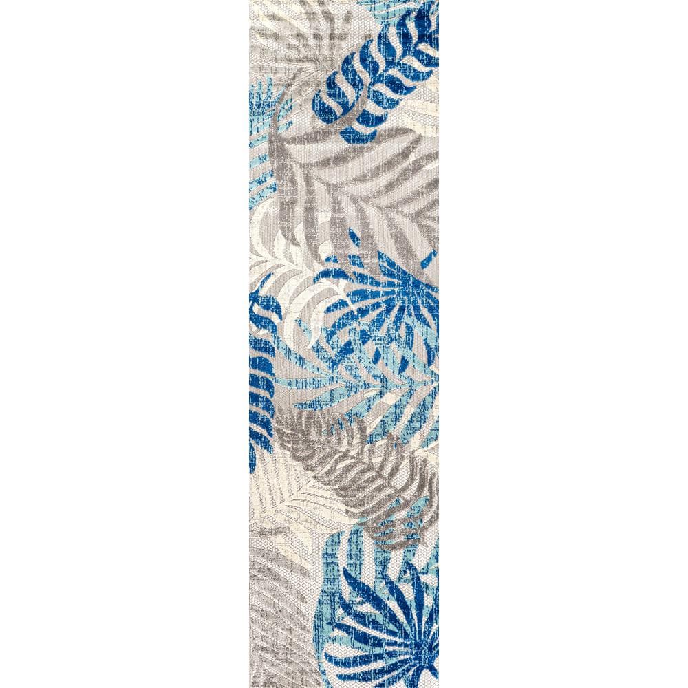 Gray and Blue Tropical Palm Leaves Synthetic Runner Rug