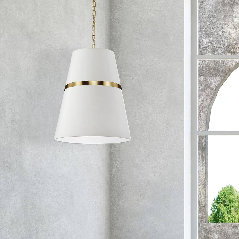 Aged Brass and White Empire Shade 3-Light Pendant