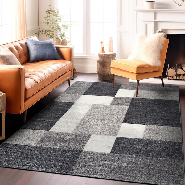 Geometric Boxes Design Non-Slip (Non-Skid) Gray 4 ft.  x 6 ft.  Indoor Area Rug