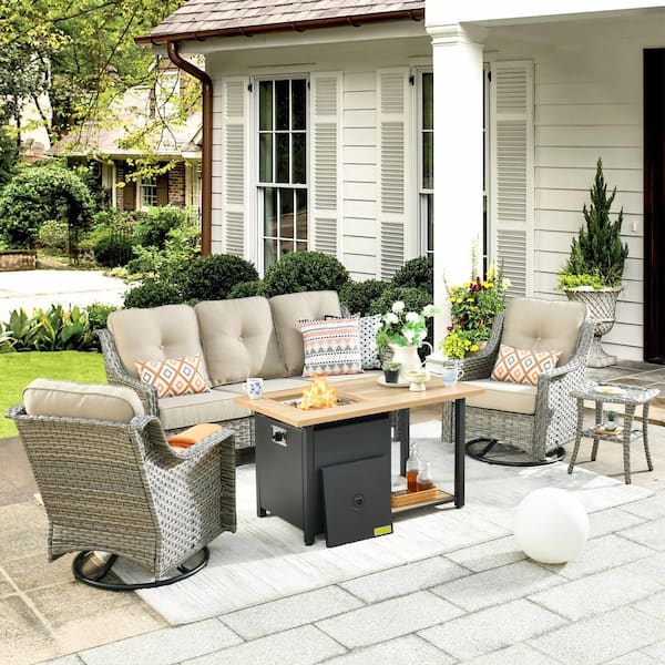 weaxty W Tulip D Gray 5-Piece Wicker Patio Storage Fire Pit Conversation Set with Swivel Rocking Chairs and Beige Cushions