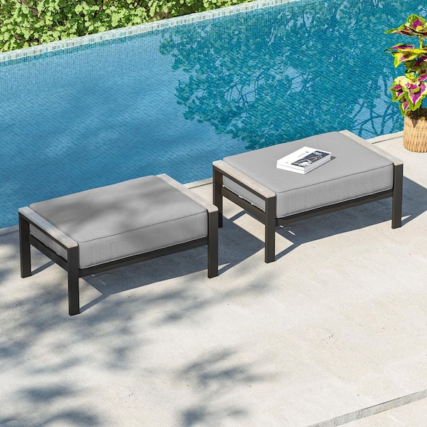2-Piece Gray Wicker Outdoor Ottoman with Solution-Dyed Fabric Gray Cushion