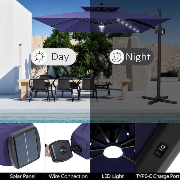 11 ft. x 9 ft. Aluminum Solar LED Cantilever Offset 360° Rotation Patio Umbrella in Navy Blue with 350 lbs. Base