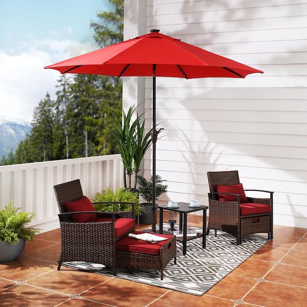 9 ft. Steel Pole Outdoor Market Push Button Tilt and Crank Patio Umbrella with 32 LED Solar Lights in Red