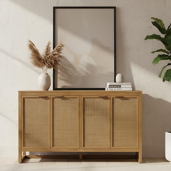 Hatteras Natural 55 in. W x 18 in. D Wood Buffet Sideboard with 4 Doors and Adjustable Shelves, Anti-tip kit included