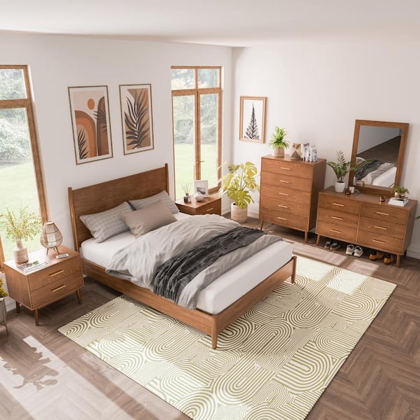 Furniture of America Riverstone 6-Piece Mid Century Modern Walnut Wood Queen Bedroom Set with Anti-Tip Interlock System