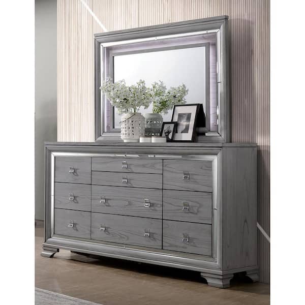 Furniture of America Tannon Light Gray 10-Drawer 66 in. Dresser with Mirror