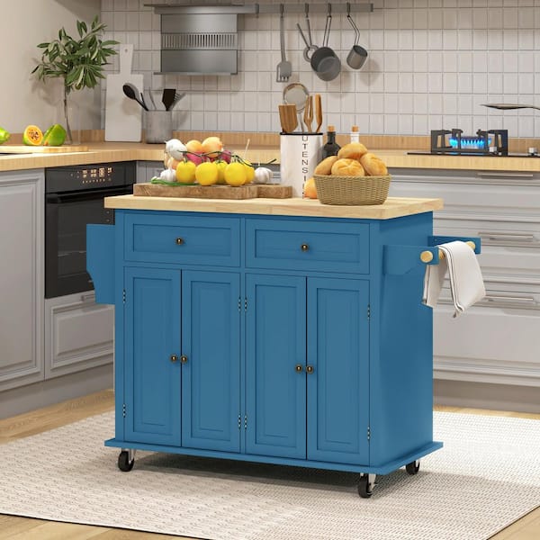 HOMCOM Turquoise Wood 43.75 in. Kitchen Island with Wheels, Spice Rack, Towel Rack, Drawers and Cabinets