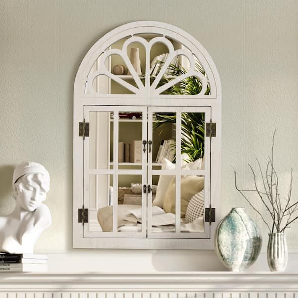 White 24 in. W x 36 in. H Solid Wood Arched Framed Windowpane Accent Mirror Wall Mirror