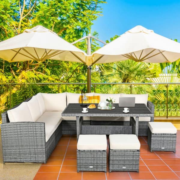 Kadehome 7-Piece Outdoor Wicker Patio Conversation Sofa Set with Dining Table and Cushions in Beige