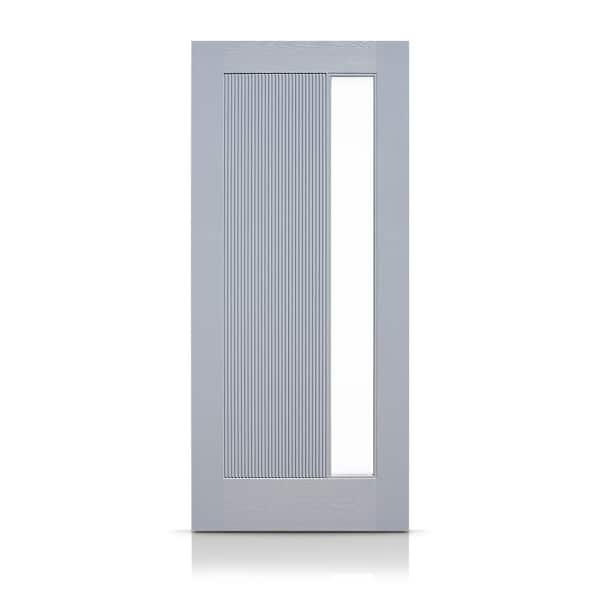 36 in. x 80 in. Reversible Decorative Glass Gray Modern Exterior Fiberglass Front Door Slab
