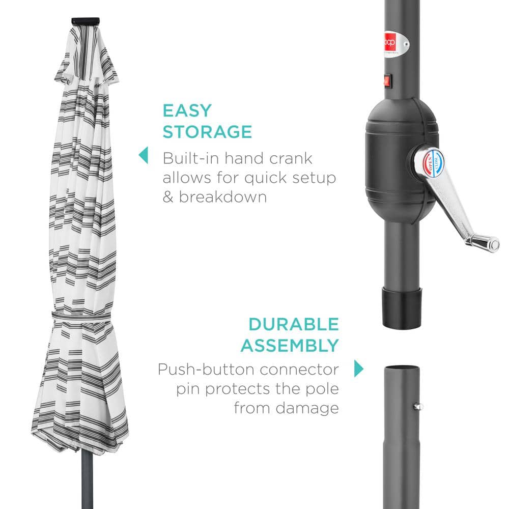 10ft Striped Gray Market Umbrella with Solar LED Lights and Metal Pole