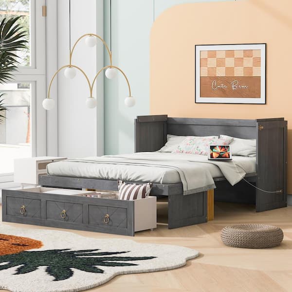 Gray Wood Frame Queen Size Murphy Bed with Drawer and USB Ports