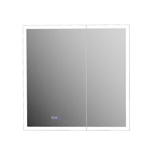 30 in. W x 30 in. H Rectangular Silver Aluminum Recessed/Surface Mount Dimmable Medicine Cabinet with Mirror Defogging