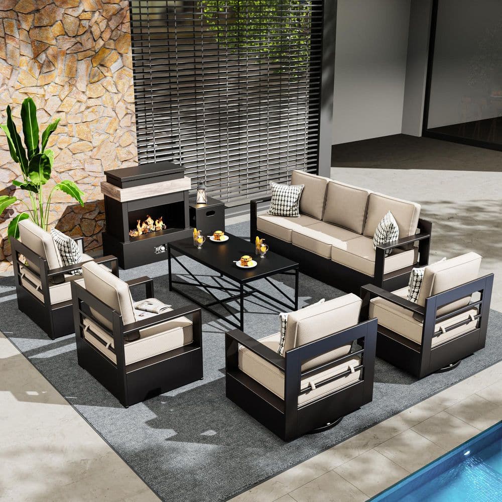 7-Piece Fire Pit Patio Set Wicker Outdoor Patio Conversation Set with Coffee Table and Thick Beige Cushions