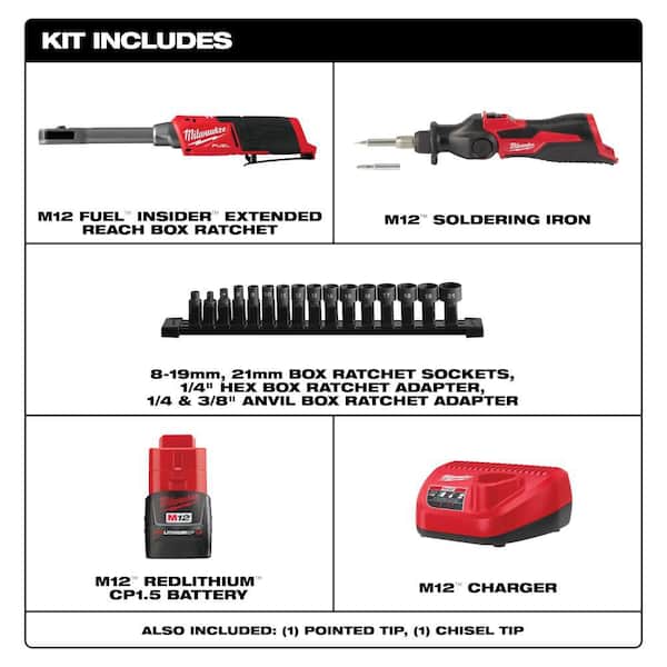 M12 FUEL INSIDER 12V Lithium-Ion Brushless 1/4-3/8 in. Extended Reach Box Cordless Ratchet Kit w/Battery &Soldering Iron