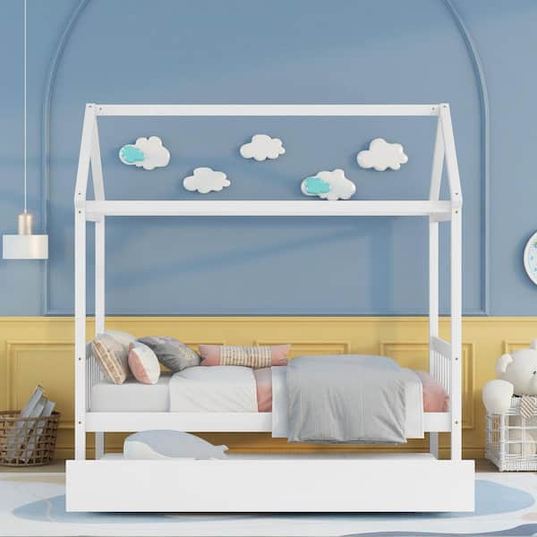 White Wood Frame Twin Size Platform Bed with House-Shaped Design and Trundle