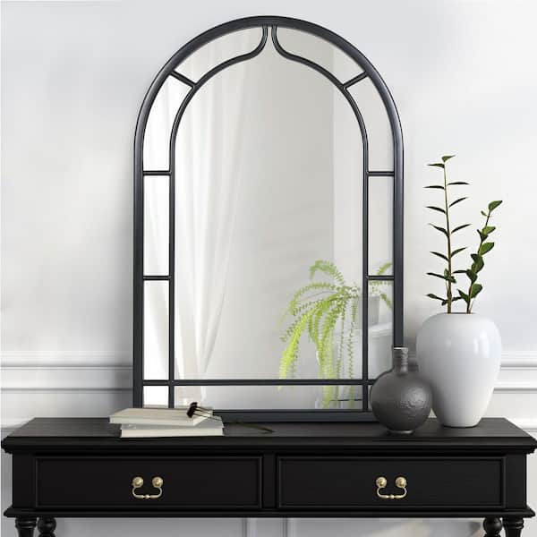 31.5 in. W x 47.2 in. H Arched Black Windowpane Wall Mirror with Wood Frame, Decorative Farmhouse Accent for Entryway