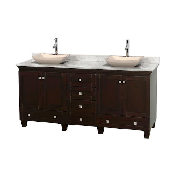Wyndham Collection Acclaim 72 in. W Double Vanity in Espresso with Marble Vanity Top in Carrara White and Ivory Sinks