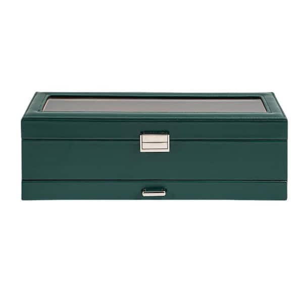 Unbranded 6-Slot Watch Box with Drawer & Glass Lid, 2-Layer PU Leather Organizer for Men, Green, 12.8 in. x 4.33 in. x 4.33 in.