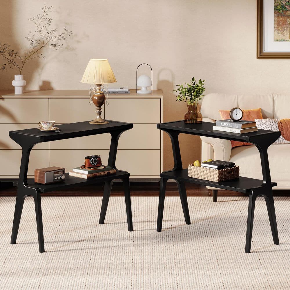 Kerlin 27.56 in. Black Rectangular Wood Sofa Side Table, 2-Tier End Table with Storage Shelf for Living Room, 2pcs