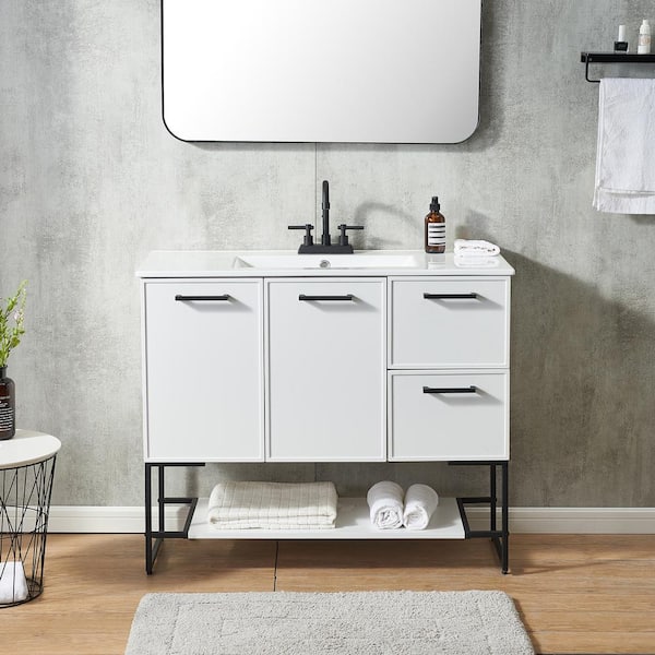 40 Floating Bathroom Vanity Set with Ceramic Sink 2 Drawers & Open Shelves  in Gray