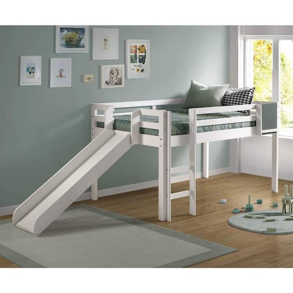 MAYKOOSH White Twin Wood Loft Bed with Slide, Kids Low Loft Bed with Slide, Ladder and Chalkboard