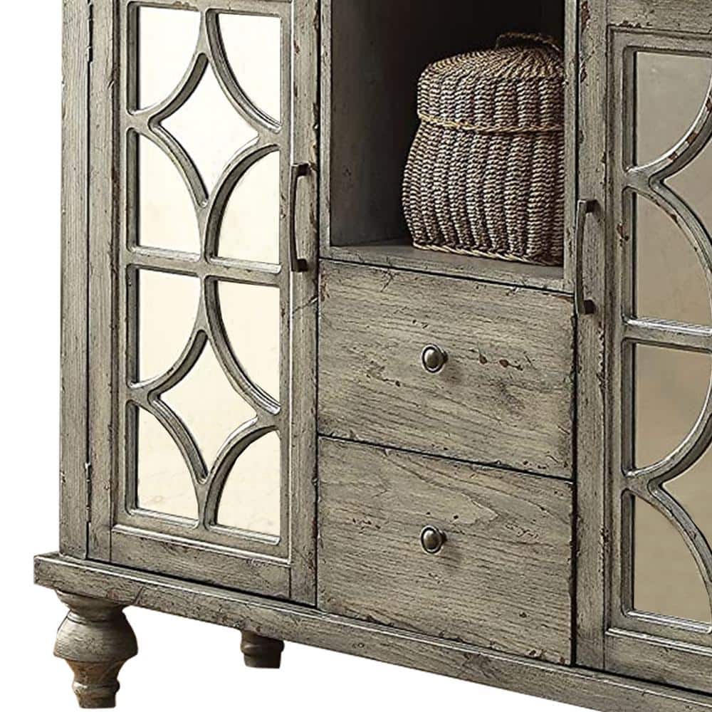 Weathered Gray Mirrored Console Table with Diamond Trim Inlay