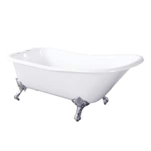 67 in. Cast Iron Single Slipper Clawfoot Bathtub in White with 7 in. Deck Holes, Feet in Polished Chrome