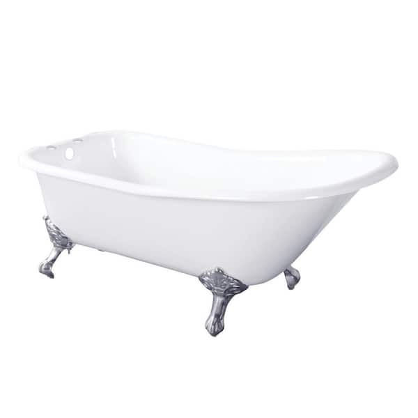 Aqua Eden 67 in. Cast Iron Single Slipper Clawfoot Bathtub in White with 7 in. Deck Holes, Feet in Polished Chrome