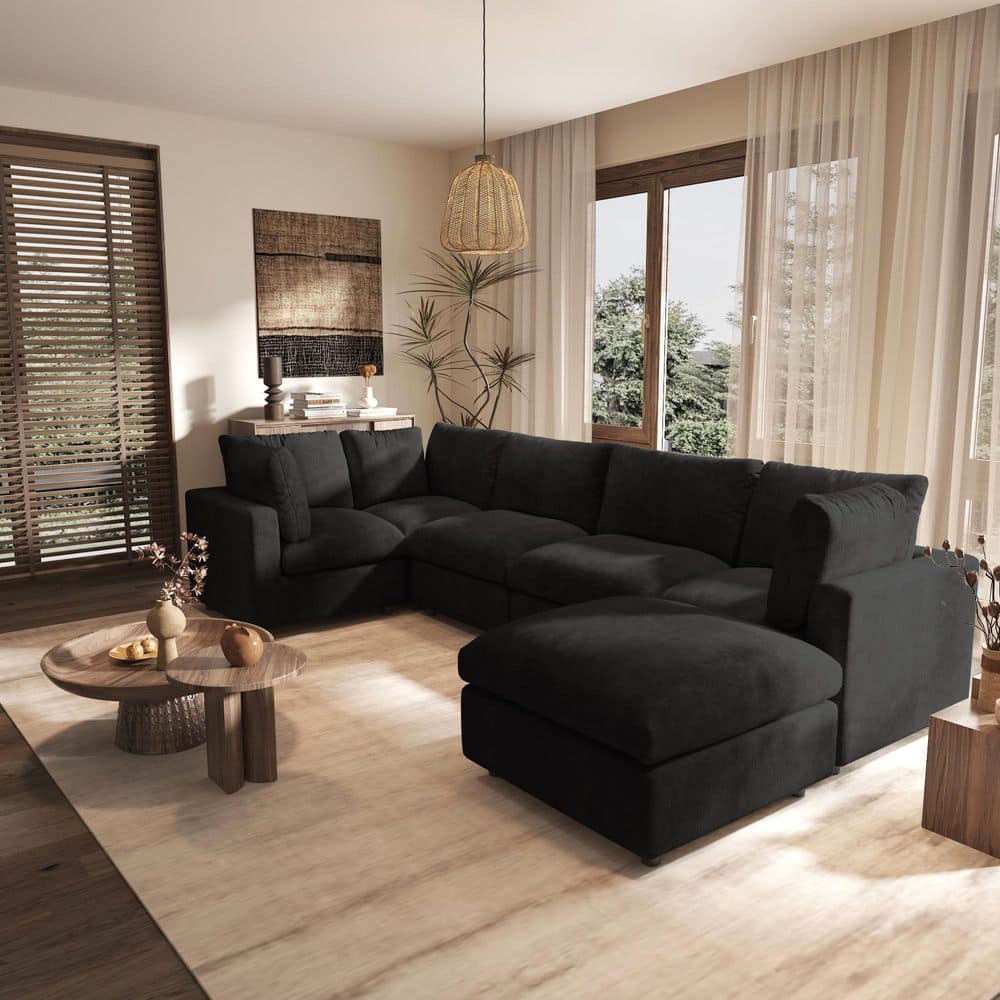 J&E Home 100.5 in. Square Arm Chenille L-Shaped Sectional Sofa with Ottoman For Living Room Couch in. Black