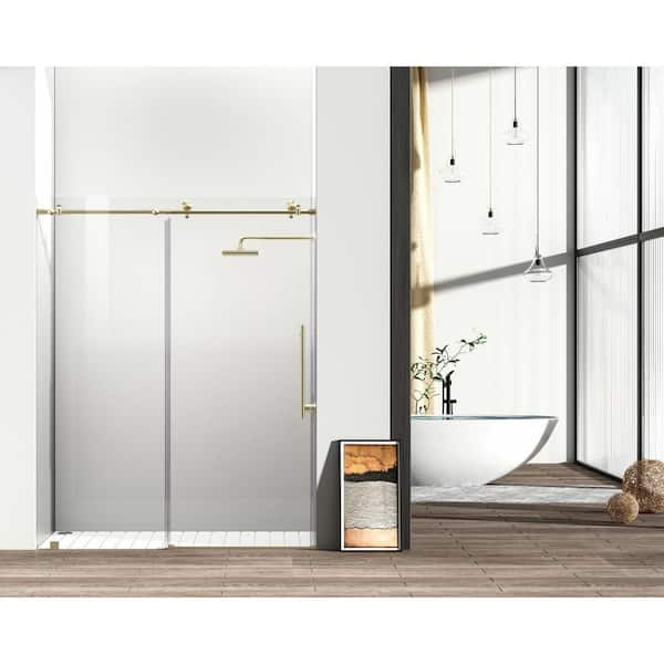 WELLFOR 60 in. W x 70 in. H Double Sliding Frameless Shower Door in Brushed Gold with 6 mm Clear Glass