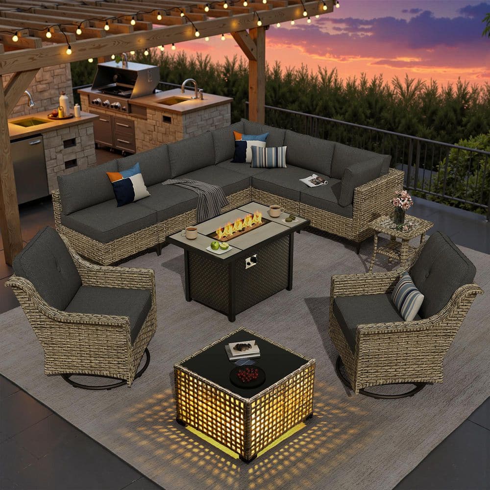 Holly Gray 11-Piece Wicker Rectangle Fire Pit Patio Conversation Set with Black Cushions and Swivel Chairs price history on PriceWatchPro