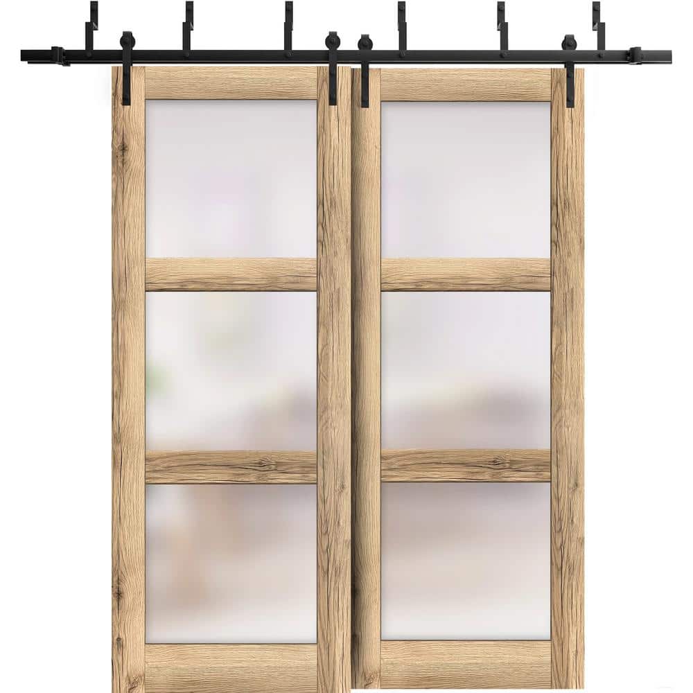 72 in. x 80 in. 2 Panel Frosted Glass Oak Solid Wood Sliding Barn Door with Hardware Kit price history on PriceWatchPro