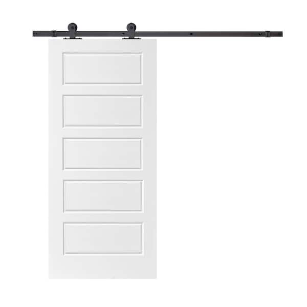 CALHOME 30 in. x 80 in. White Primed Composite MDF 5 Panel Interior Sliding Barn Door with Hardware Kit
