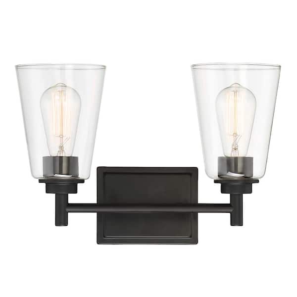 Designers Fountain Westin 15 in. 2-Light Matte Black Modern Industrial Vanity with Clear Glass Shades
