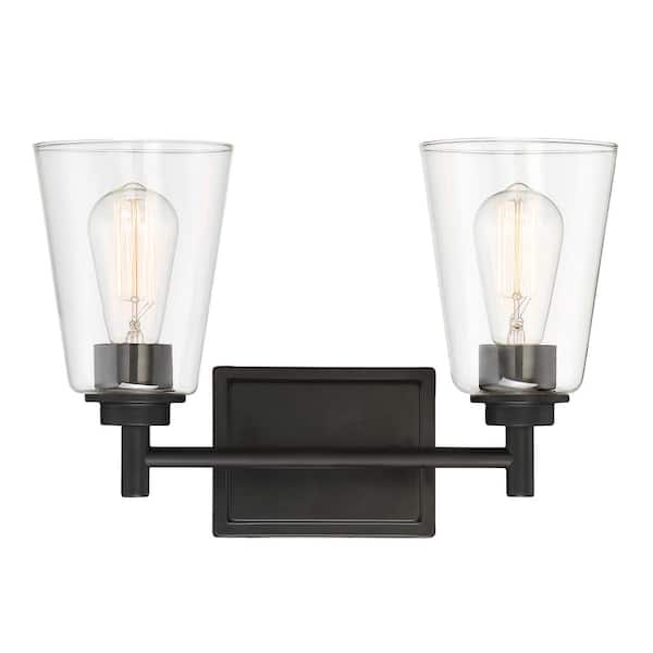 Westin 15 in. 2-Light Matte Black Industrial Vanity Light with Clear Glass Shades