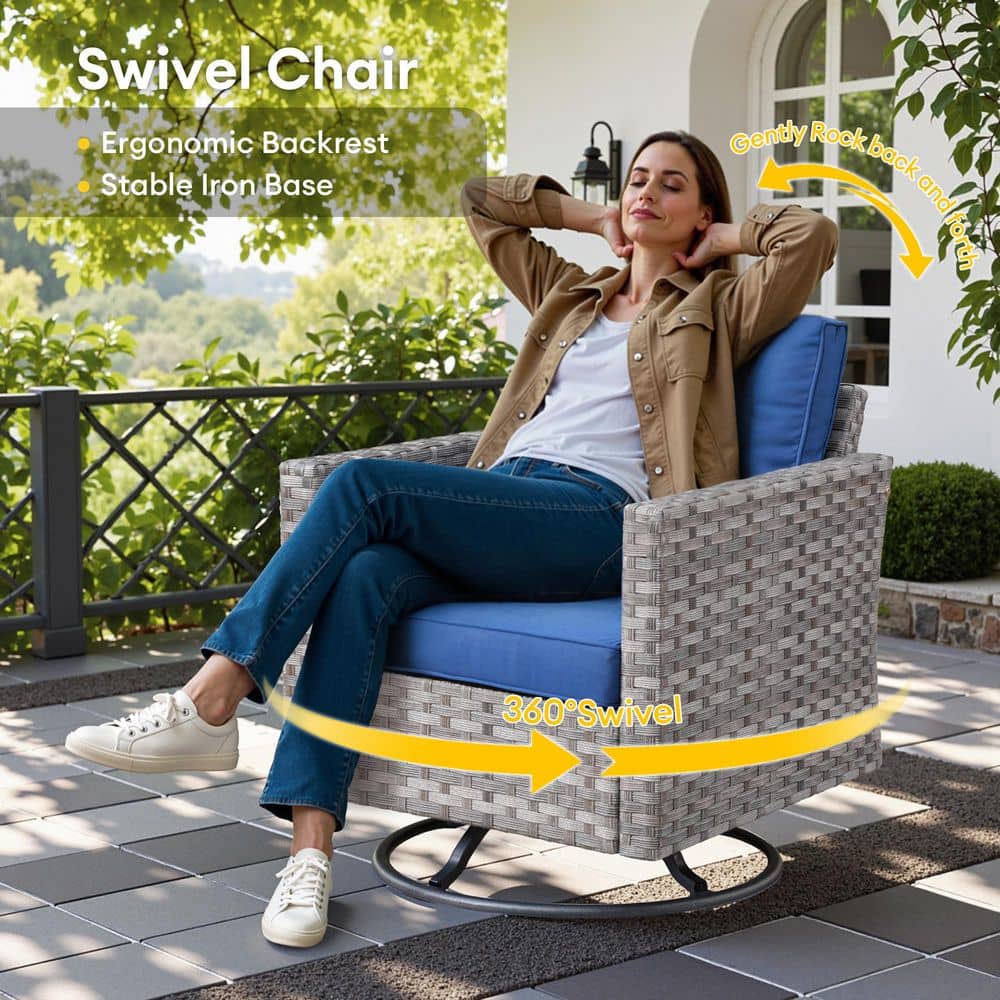 Gray 8-Piece Wicker Outdoor Sofa Set with Navy Cushions