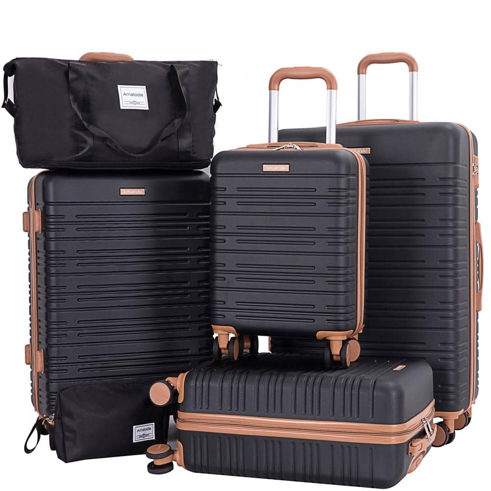6-Piece ABS Hardshell Travel Luggage Set, Spinner Wheels TSA Lock, Black
