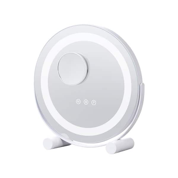 SKYSHALO White 3.9 in. W x 12.6 in. H Modern Round Steel Vanity Mirror, 12 in., 3 Modes, 5X Magnification, Smart Touch Control