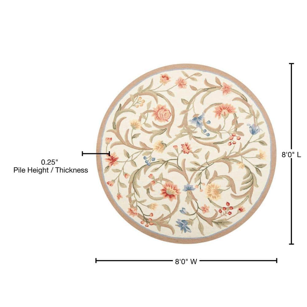 Handmade Ivory Floral Round Wool Rug, 8' x 8'