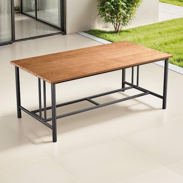 Minimalism Metal Outdoor Coffee Table with Full Plastic Wood Grain Tabletop