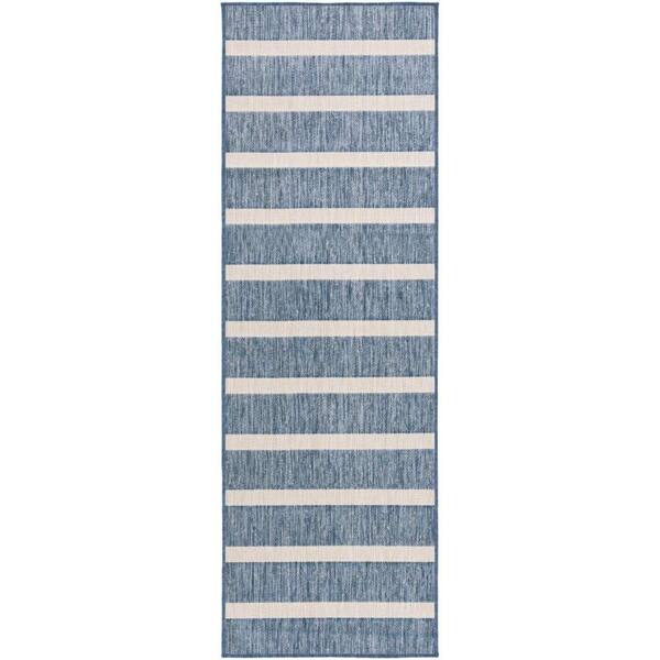 Positano Navy Ivory 2 ft. x 10 ft. Stripes Contemporary Runner Area Rug