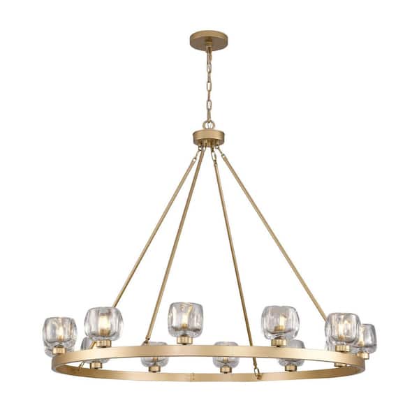 12 Lights 48 in. Dimmable LED Wagon Wheel Gold Chandelier with Glass Shade for Dinning Room Kitchen Island Foyer