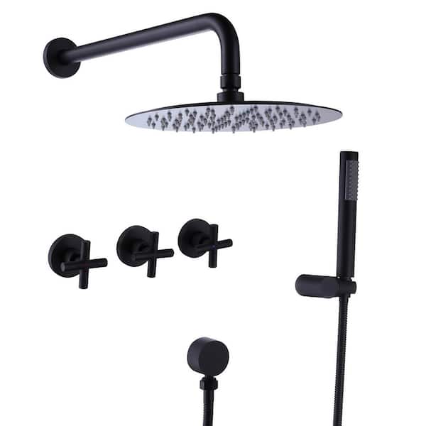 2-Spray 10 in. 3-Cross Handle Wall Mounting Shower Head with Hand Shower Head 2.9 GPM in Matte Black